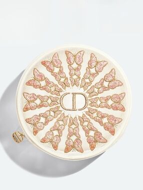 Christian Dior Embroidered Butterfly Mesh Makeup Round Pouch in Ivory and Pink